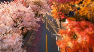 桜と紅葉の上をFPV視点で