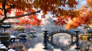 紅葉と雪と日本庭園