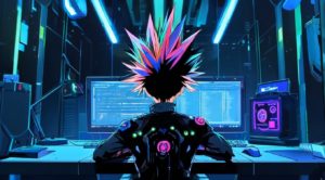 プログラミングをしている少年の後ろ姿