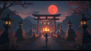 赤い満月の下で踊る巫女