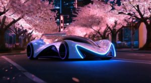 夜の桜並木を走るスポーツカー