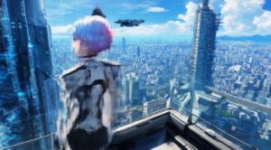 未来都市のビルの上から、なぜか道端に移動するよくわからん動画