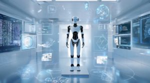 研究所のロボットの周りにホログラム