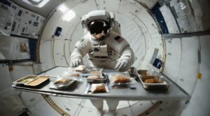 宇宙服を着ながら宇宙食を食べる宇宙飛行士